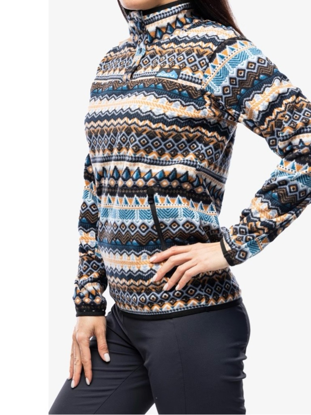 KAVU Fleece Patterned Pullover in Blue, Brown & Cream
